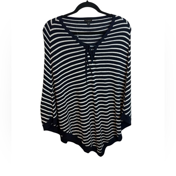Talbots Sweaters - Talbots Navy Blue Striped Lace Up Knit Poncho